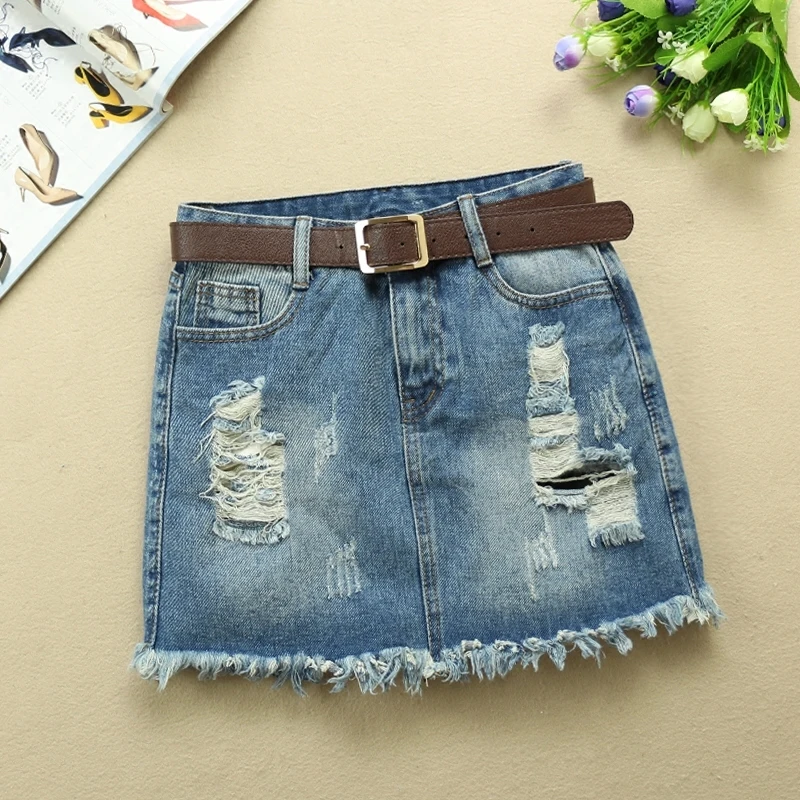 

Fashion Mid Waist Denim Skirt Blue Light Wash Women Ripped Hole Mini A-line Skirt 2019 Sexy Summer Skirt