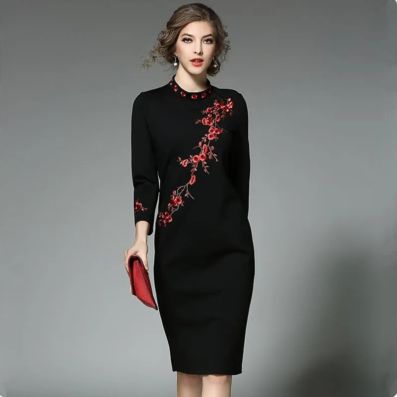 

New Plum Embroidered Winter Dresses Women 2019 Vestidos Ukraine Women Package Hip Black Dress Kerst Jurk Dames Robe Femme 620362