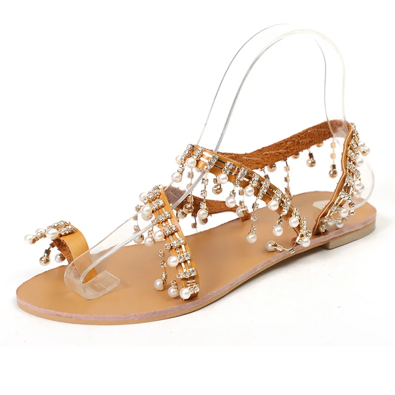 Women Sandals 2019 Women Shoes Summer Flat Sandals Ladies Fashion Pearl Classic Sandals Bead Slippers Sandalias Plus Size 35-43