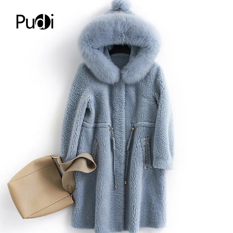 

PUDI B1810106 women's winter warm real wool fur jacket hood collar leisure girl coat lady jacket overcoat