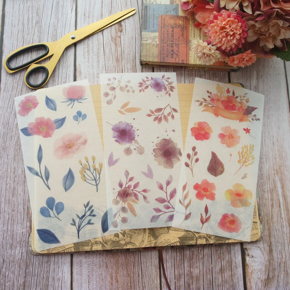 

DIY 3 Sheets Autumn Flowers and Leaves Washi Paper Sticker As Scrapbooking Decoration Gift Packing Label Decoration Use