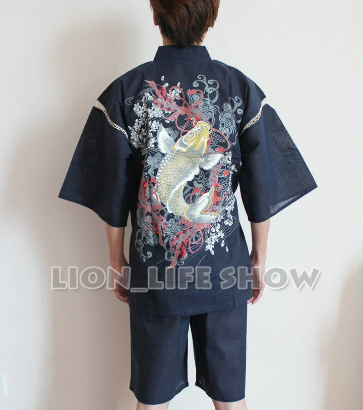 

summer Men Japanese Jinbei Kimono Carp Short Sleeve Pants Sleepwear Pajama Homewear