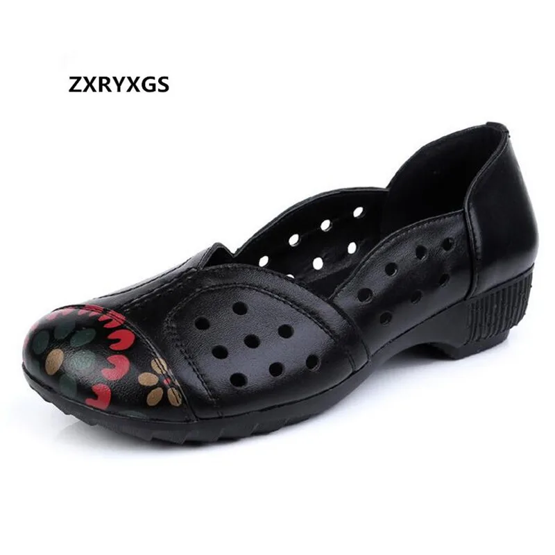 

ZXRYXGS Brand Shoes Hollow Printing Real Leather Shoes Woman Fashion Shoes 2018 New Spring Summer Shoes Women Flats Plus Size