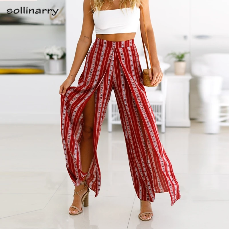 Sollinarry Bohemian Striped Women Wide Leg Pants Casual High Waist Beach Boho Female Trousers 2019 Summer Sexy Split Long Pants Sollinarry Bohemian Striped Women Wide Leg Pants Casual High Waist Beach Boho Female Trousers 2019 Summer Sexy Split Long Pants