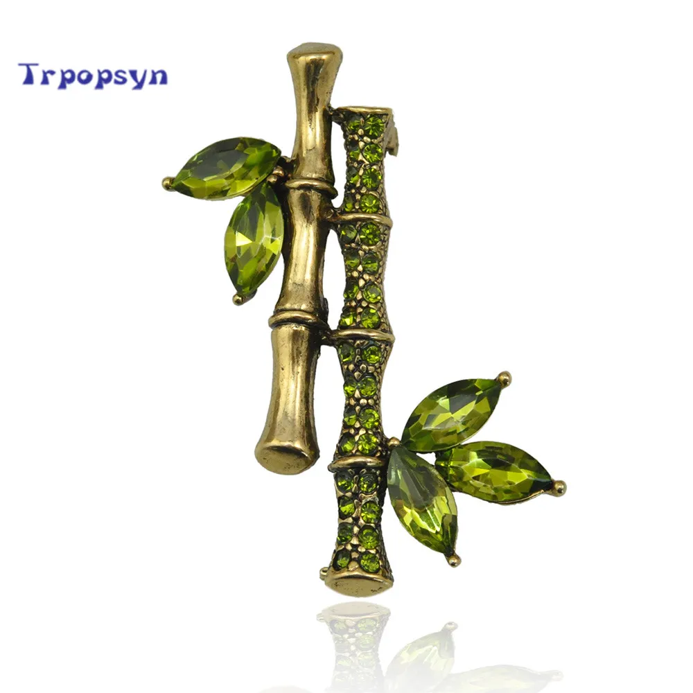 Chinese Style For Wedding Engagement Metal Bamboo Zircon Brooch Pin CZ Crystal Rhinestone Plant Shaped Garment