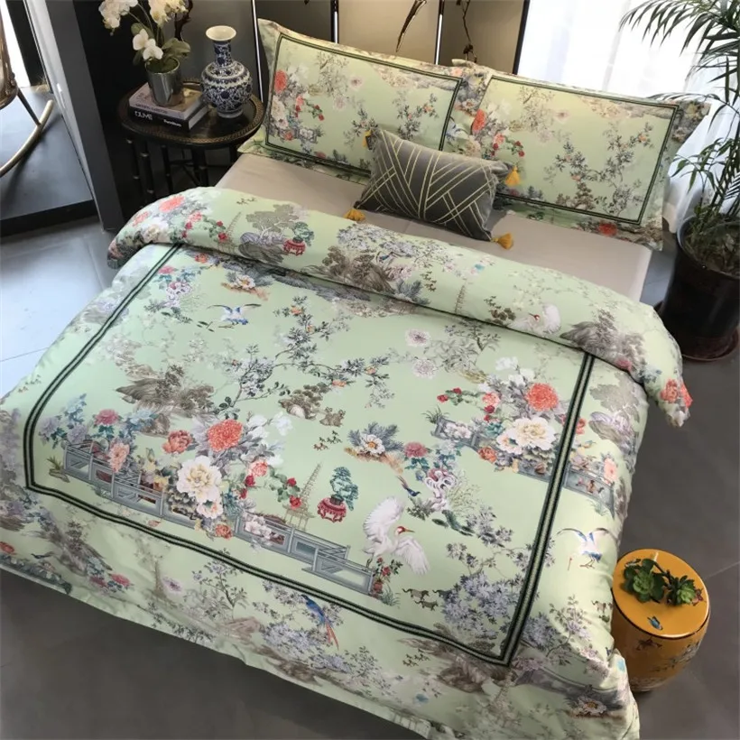 

1000TC Egyptian Cotton Bedding set Chinoiserie Birds printed Duvet Cover Bed sheet set/Fitted sheet Good Drape Wrinkle resistant