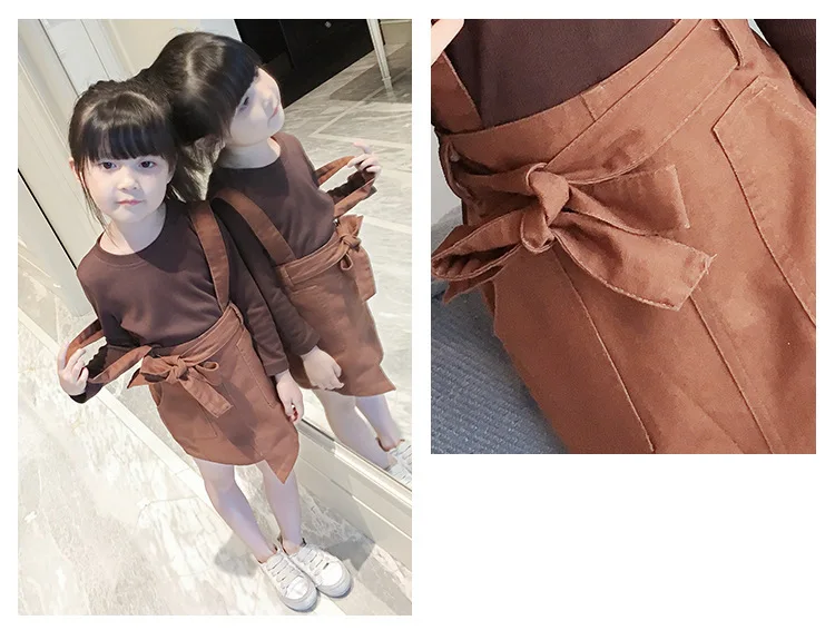 Комплект одежды из 2 предметов для девочек; сезон осень-весна; повседневная детская футболка коричневого цвета и платье на бретелях; комплект одежды с бантом для маленьких девочек; детская одежда