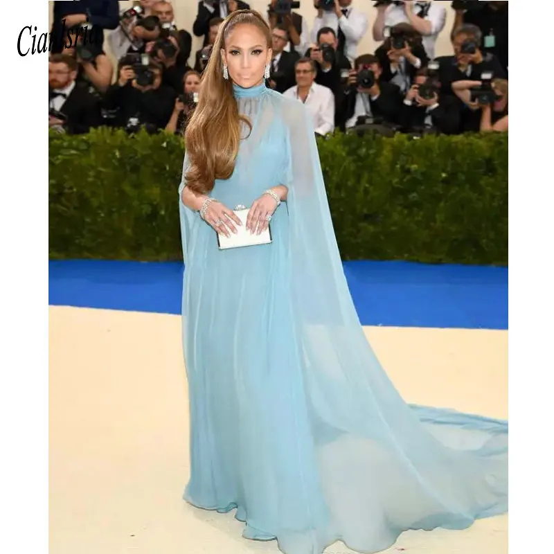 

Two pieces Light Sky Blue Prom Dresses A Line New 2019 Formal Cape Chiffon Gala Red Carpet Dress Celebrity Evening Gowns Cheap