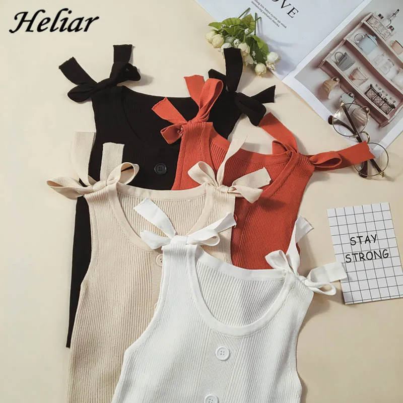 

HELIAR Women Tank Tops Knitting Crop Tops With Buttons Sexy Tops Butterfly Knot Camisole Sleeveless 2019 Summer Tank Top Women