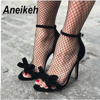 

Aneikeh New Fashion Sexy Design Women Butterfly-knot Buckle Thin High Heels Black Faux Suede Open Toe Gladiator Dress Sandals