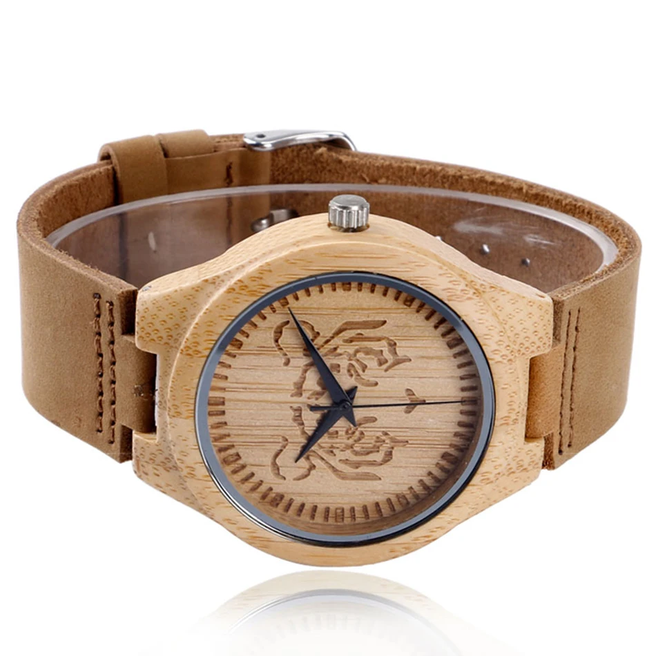 Creative Tiger Wooden Watch Quartz Fashion Men Bamboo Trendy Nature Wood Women Sport Genuine Leather Band Strap Reloj de madera 4