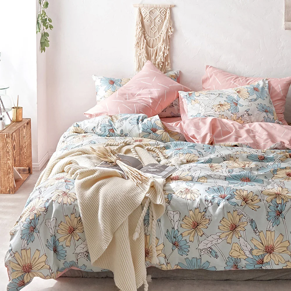 

2018 Colorful Flowers Scandinavian Duvet Cover Set Twin Queen Size Flat Sheet or Fitted Sheet Soft Cotton Bedlinens Pillowcases