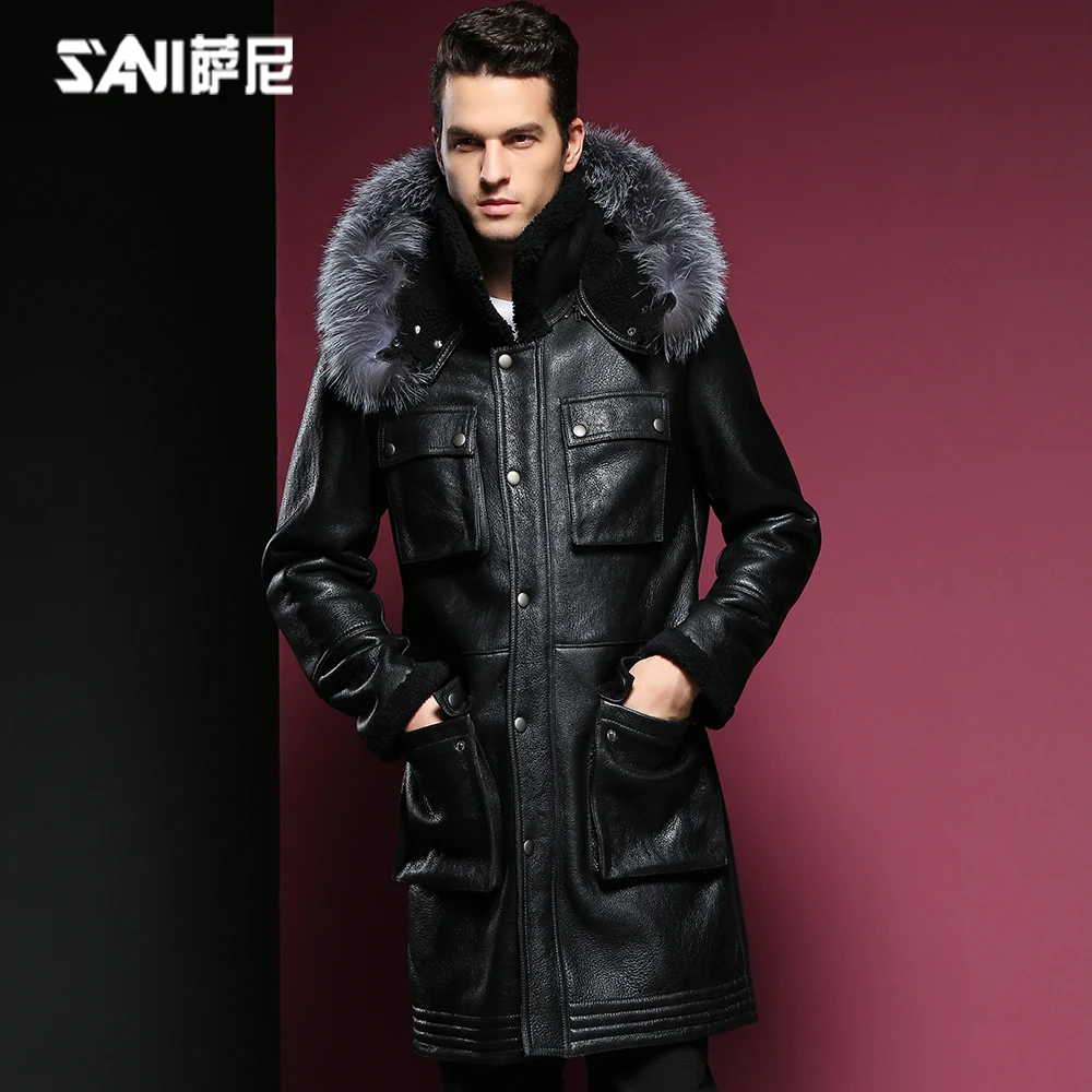 Buy male genuine leather fur coat with hooded fox fur