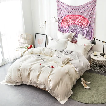 

Nordic style sexy lady Embroidery Bedclothes Egyptian Cotton Bedding Set Queen king Size Quilt Cover Pillowcase flat Bedsheet