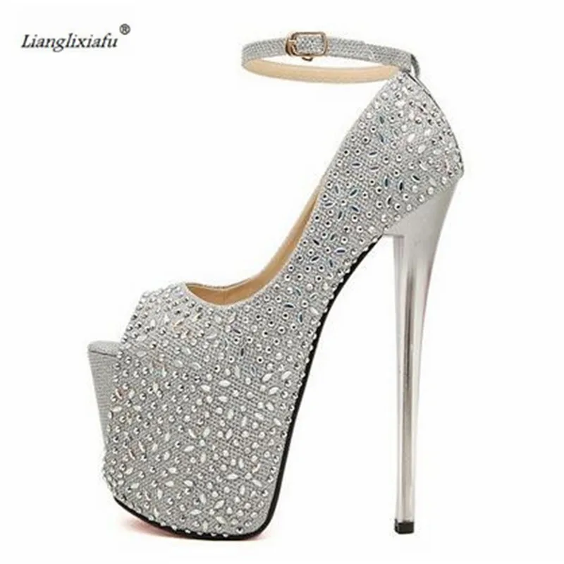 LLXF Sandals zapatos Plus:41 42 43 Stiletto Summer diamond Shoes woman 19cm thin High-Heeled female Ankle Strap Open Toe Pumps - Цвет: Серебристый