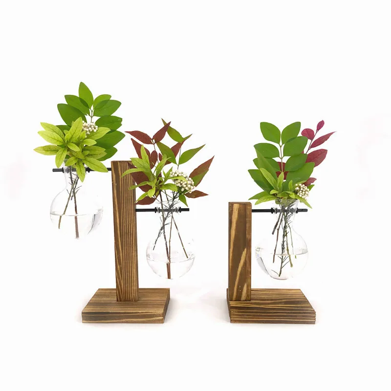 

Terrarium Vasevase Decoration Home Bonsai Flower Plant Vases Vintage Flower Pot Transparent Wooden Frame Glass Tabletop Plants