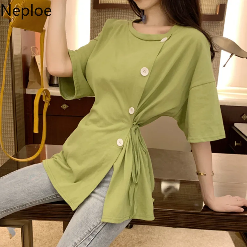 

Neploe Solid Drawstring Women T Shirts Summer 2019 New Single Breasted Short Sleeve Tee Loose Slim Waist O-Neck Ladies Top 44440