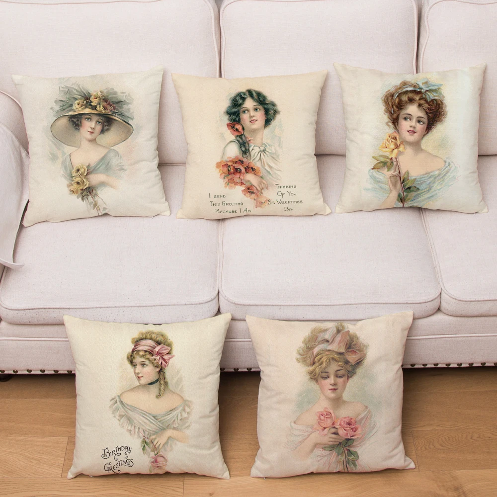 

Vintage European Lady Girl Print Pillow Cover Super Soft Plush Cushion Cover 45*45 Throw Pillowcase Home Decor Cushion Covers