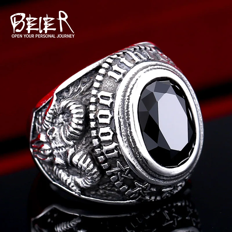 

BEIER Stainless steel Cool Unique Black Stone Ring Titanium Steel Retro Old Totem Jewelry For Man Factory Price Sale BR8-334