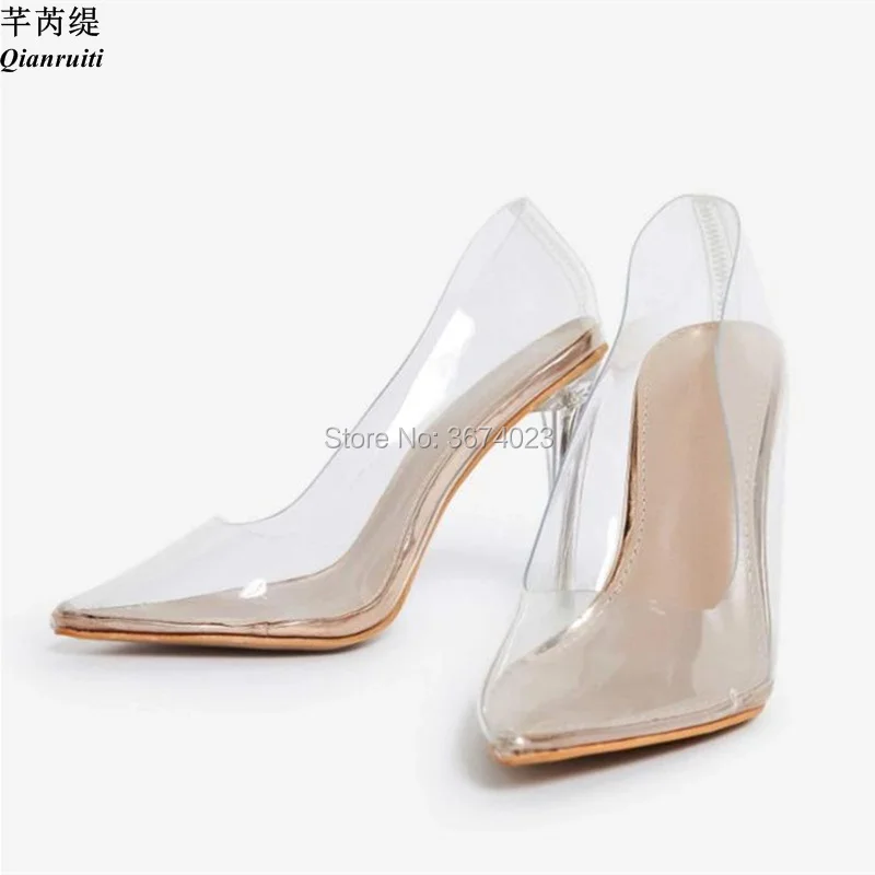 

Qianruiti Fashion Women PVC Clear Pumps Pointed Toe Transparent Court Heels Slip on Jelly Shoes Perspex Crystal Stilettos Party