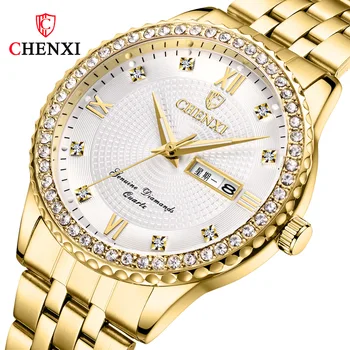 

Chenxi Top Brand Luxury Golden Doubl Calendar Watch Men Wristwatch Waterproof Male Wrist Man Full Steel Clock Relogio Masculino