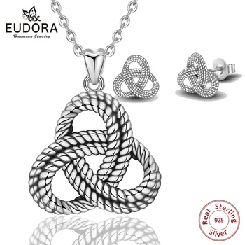 

EUDORA 925 Sterling Silver Jewelry Set Celtics Knot Triquetra Pendant Necklace Stud Earrings Fine Jewelry For Women Gift E64D261