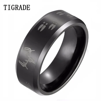 

TIGRADE 8mm Tungsten Carbide Men Ring Wedding Engagement Band Black Polished Engraved Deer Head Men's Hunting Ring bague Size15