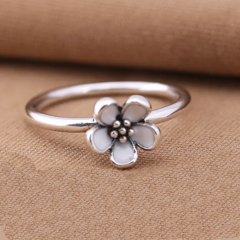 Flower 925 Sterling Silver Darling DAISY Stackable RING White Enamel WITH WHITE ENAMEL Authentic