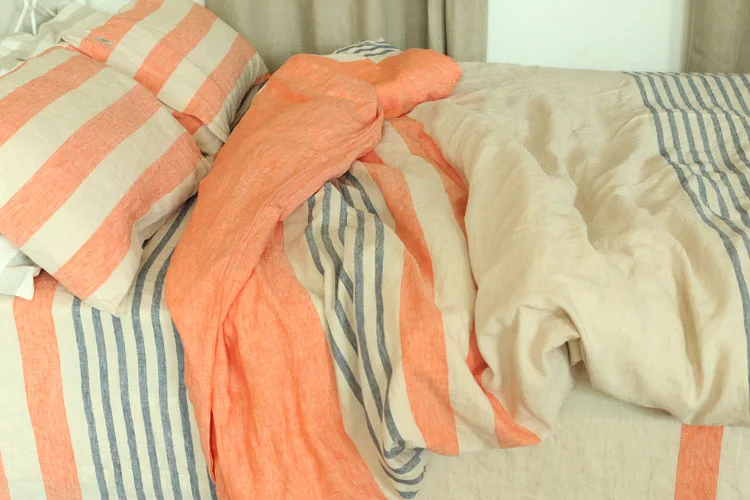 

Set of 4 Pre stone washed 100% Natural Linen Orange and Navy striped bedding duvet cover set+ 2 pillowcases + flat sheet