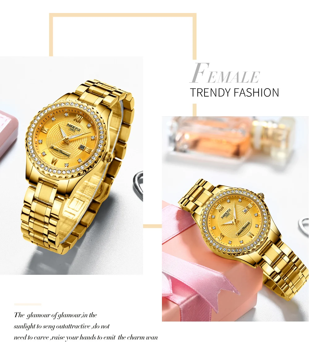 NIBOSI золотые часы для женщин Элитный бренд для женщин часы водостойкие модное платье Diamond кварцевые марка женские наручные часы Saat