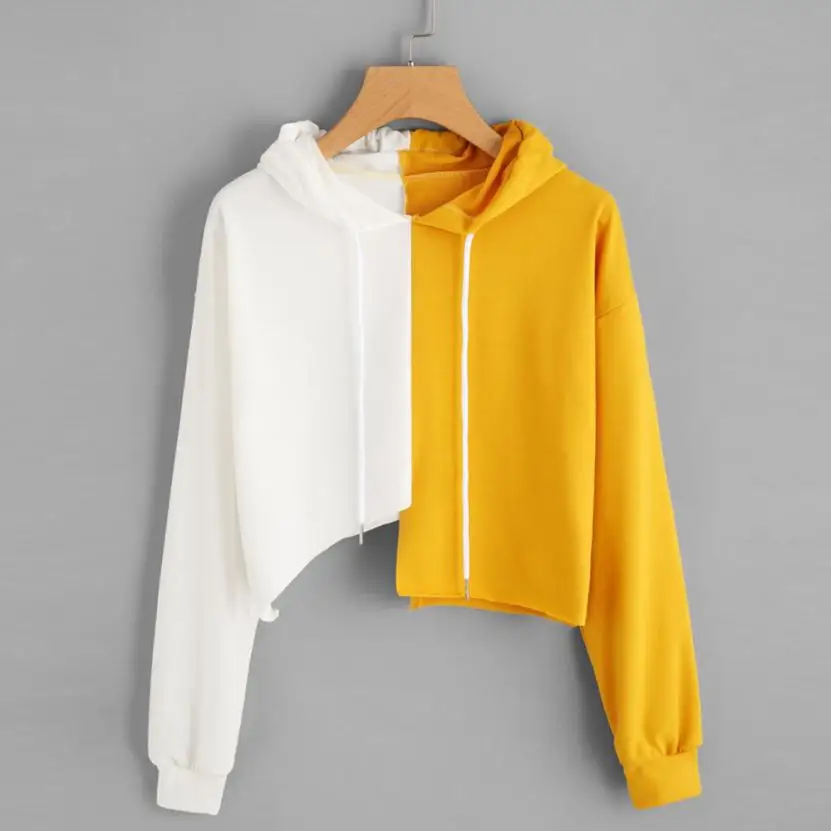 Women Sweatshirt Yellow Hoodie Patchwork Irregular Casual Pullover