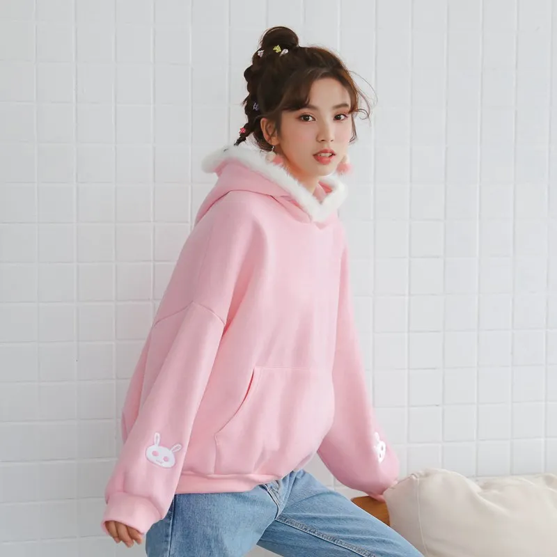 Женские кофты японский Harajuku Ulzzang кролик вышивка толстовка с капюшоном женский