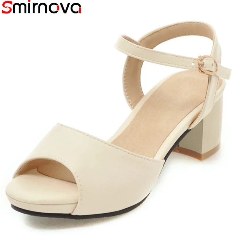 

Smirnova 2018 summer new arrive black beige fashion ladies sandals peep toe buckle casual square heel shoes plus size 33-47