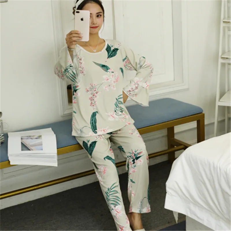 

2019 new pajamas women spring long-sleeved pajama set cute printed cotton pyjamas 2pcs casual women home clothing pijama