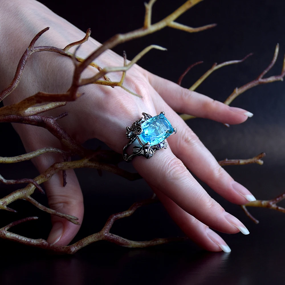 Новинка, кольцо с голубым кристаллом, трендовые ювелирные изделия, большой прямоугольный камень, красивая бабочка, высокое качество, ювелирные изделия, очаровательные кольца