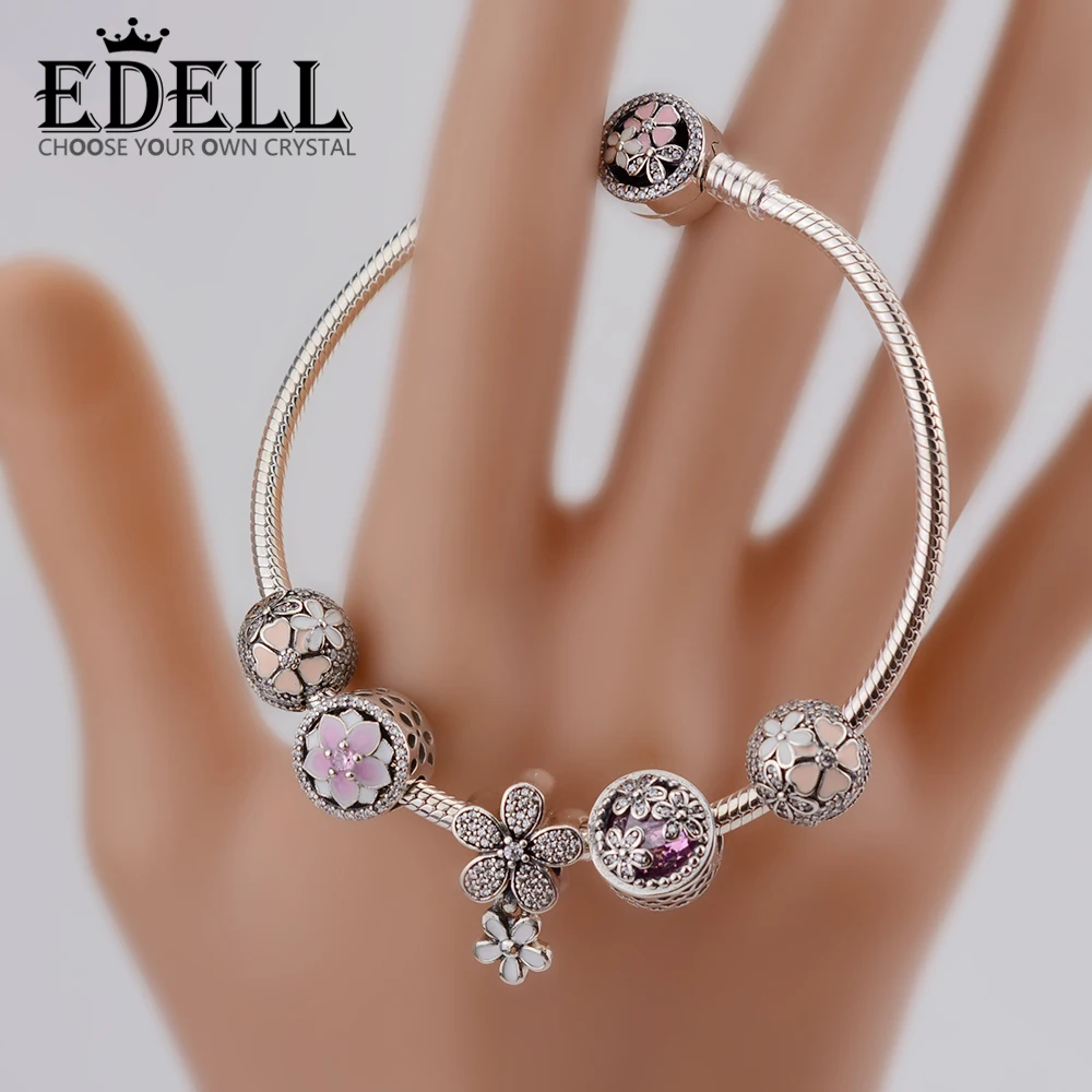 

EDELL Genuine 100% 925 Sterling Silver Bracelet For Set Women Spring flowers Star Original birthday Gift charm Jewelry