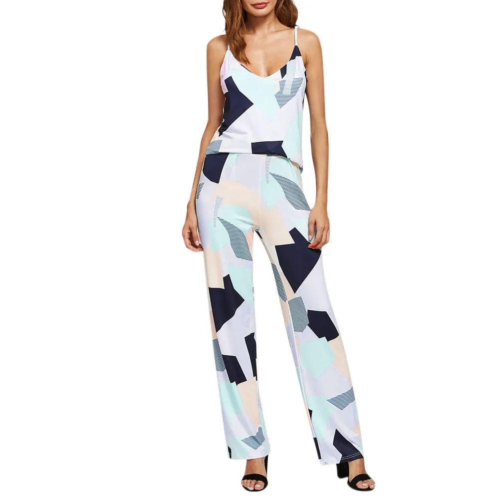 

2018 Geometric Print Jumpsuit Pants 2 Sleeveless Top Pants Set Casual Camisole Short Jacket + Straight Pants Y-NEW