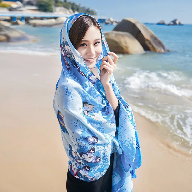 

New Style In 2019, Cotton Spring and Summer, 100 Sets of Printed Fringed Scarf and Silk Scarf, Seaside Travel Sunscreen Shawl
