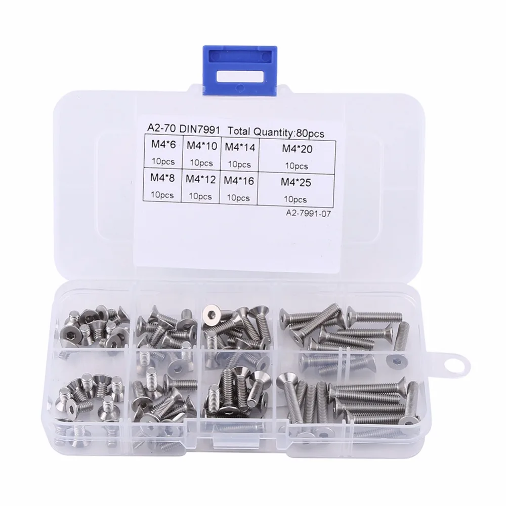 

80pcs/Set M4 Stainless Steel SS304 Flat Head Hex Socket Screws Assortment Kit With Box Fastener Hardware Tools