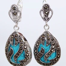 11/" модные ювелирные изделия 925 Серебро И Марказит инкрустация голубой камень серьги капли воды 5,29