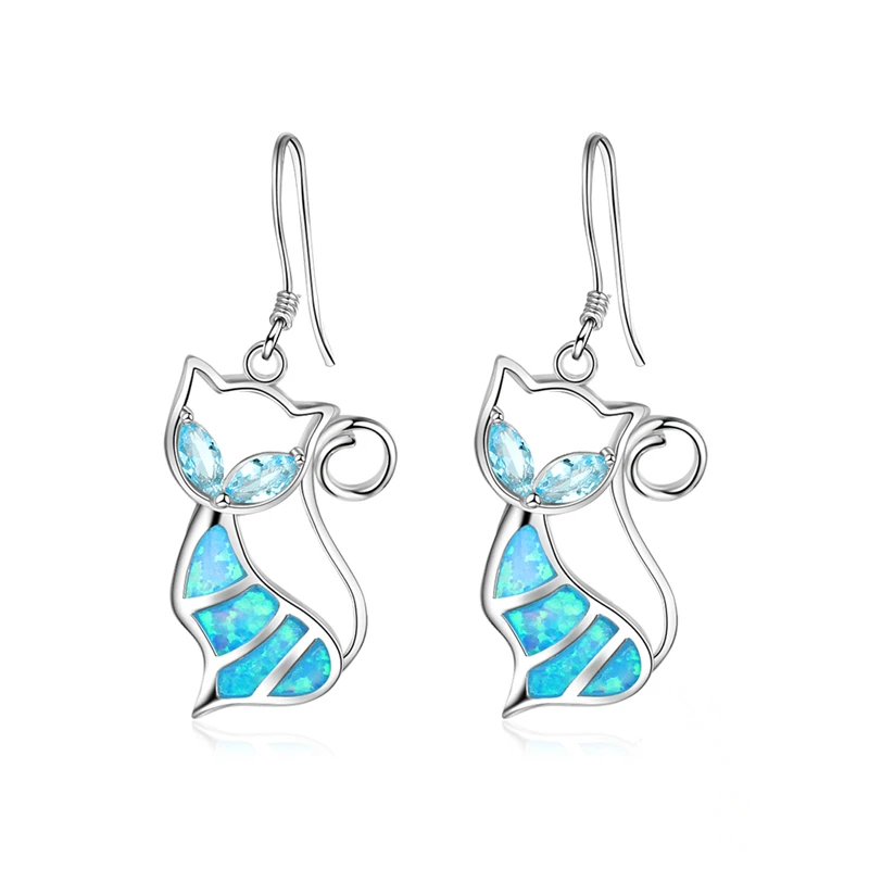

Lovely Blue Cat Synthetic Opal Drop Earrings for Women Animal Cubic Zircon Earring Pendientes Mujer Moda 2018 Wedding Jewelry