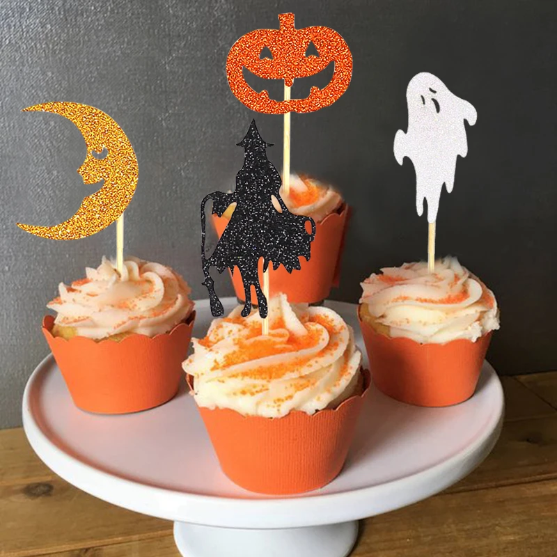 7pcs Cute Cake Cupcake Topper Pick Witch Pumpkin Moon Topper