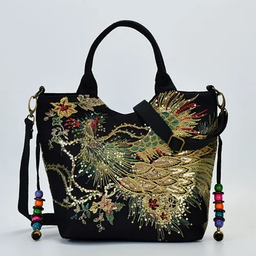 Veowalk/Женская парусиновая сумка с вышивкой павлина и блестящими блестками; летняя сумка на плечо для покупок; Винтажная сумочка с бисером - Цвет: Черный