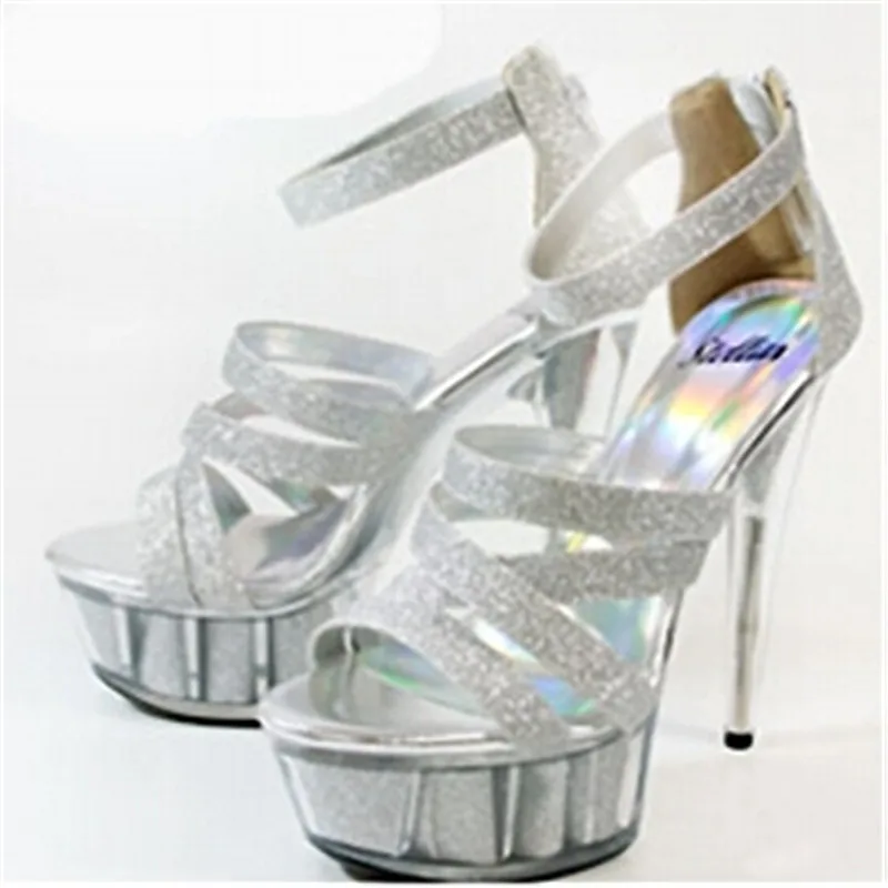 New style, beautiful transparent platform sequins upper heels, 15cm sexy model sandals, pole dancing shoes - Цвет: Серебристый