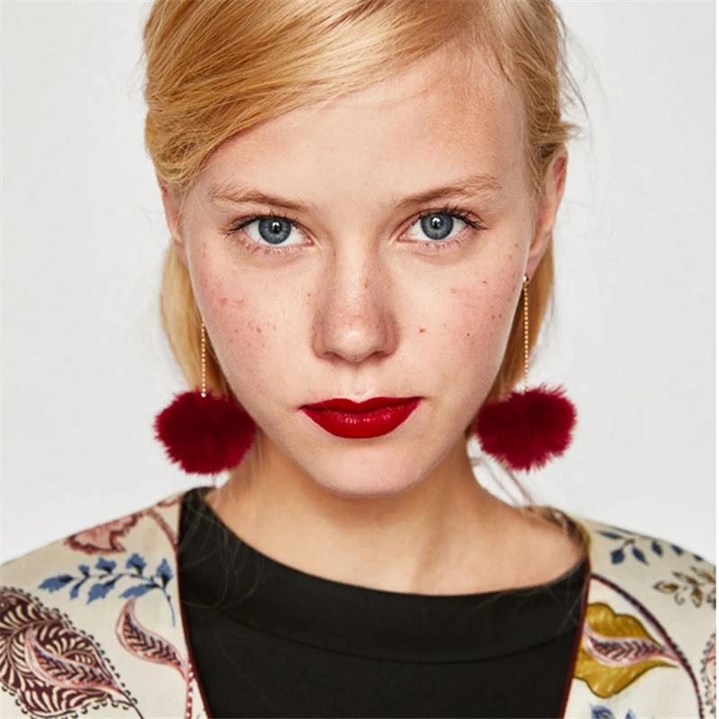 

AYAYOO Korean Drop Earrings For Women Long Red 2018 Statement Handmade Pom Pom Earring Hanging Chain Earings Fashion Jewelry