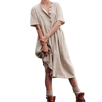 

New 2019 Summer Soild Simple Dress Loose Short Sleeve Button Midi Dress Ladies Casual O neck Vestidos Plus size Women Dress 4XL