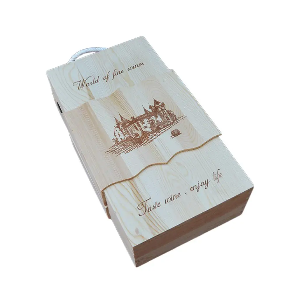 

Pine Wood Wooden Wine Storage Gift Box For Double Bottles Portable Mongolian Pine Wine Box With Metal Locks