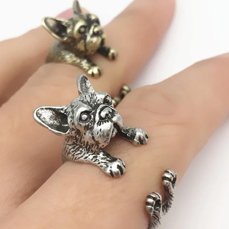 

1PCS antique silver French Bulldog Hippie Chic Brass metal Knuckles Ring pets Animal bull terrierDog Rings Women fashion jewelry