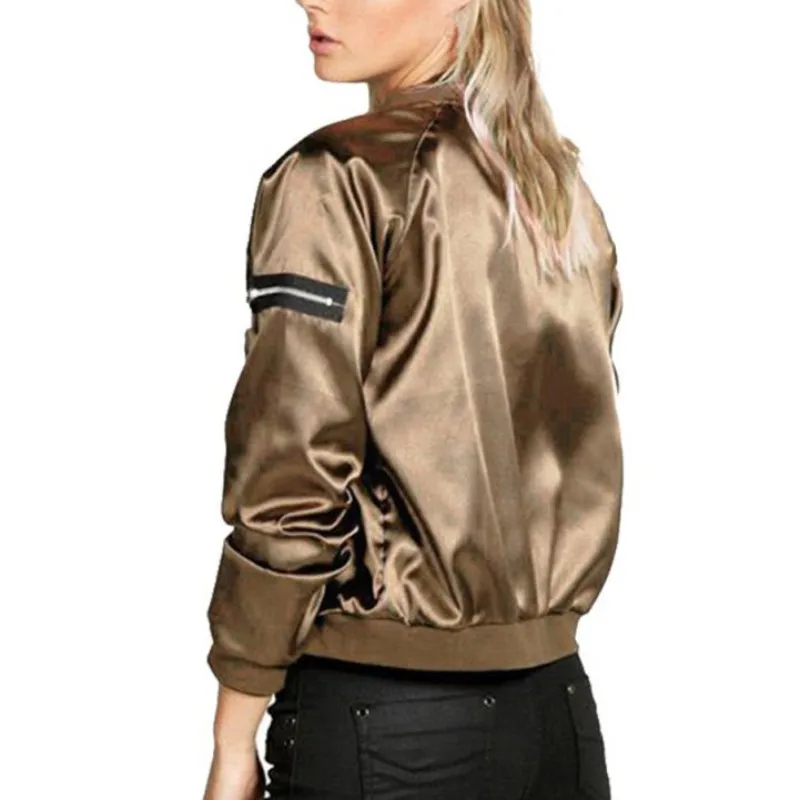 Sexy Black Silver Zipper Satin Bomber Jacket Women Basic Coats Ladies Spring Autumn Coat Top Long Sleeve Wrap Surcoat Outwear