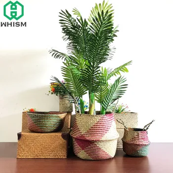 

WHISM Handmade Seagrass Belly Storage Basket Straw Dirty Clothes Basket Wicker Storage Bag Garden Planter Rattan Flower Pot